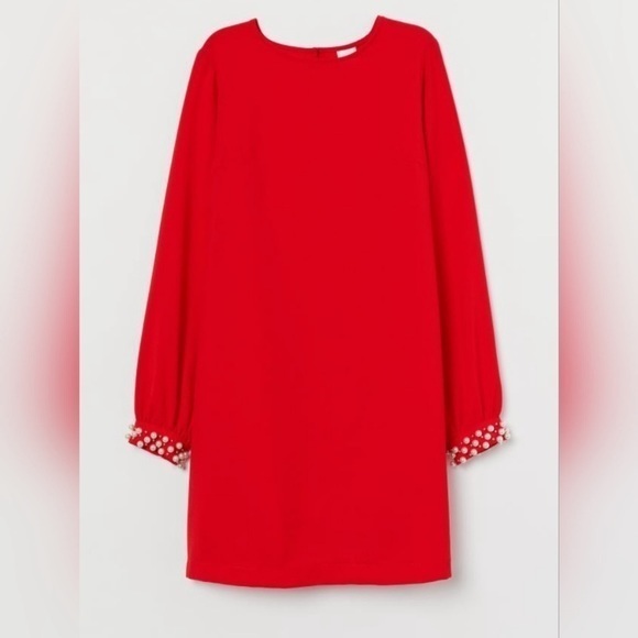 H&M Red Mock Neck Pearl Cuff Shift Dress Size 6 - Picture 2 of 10